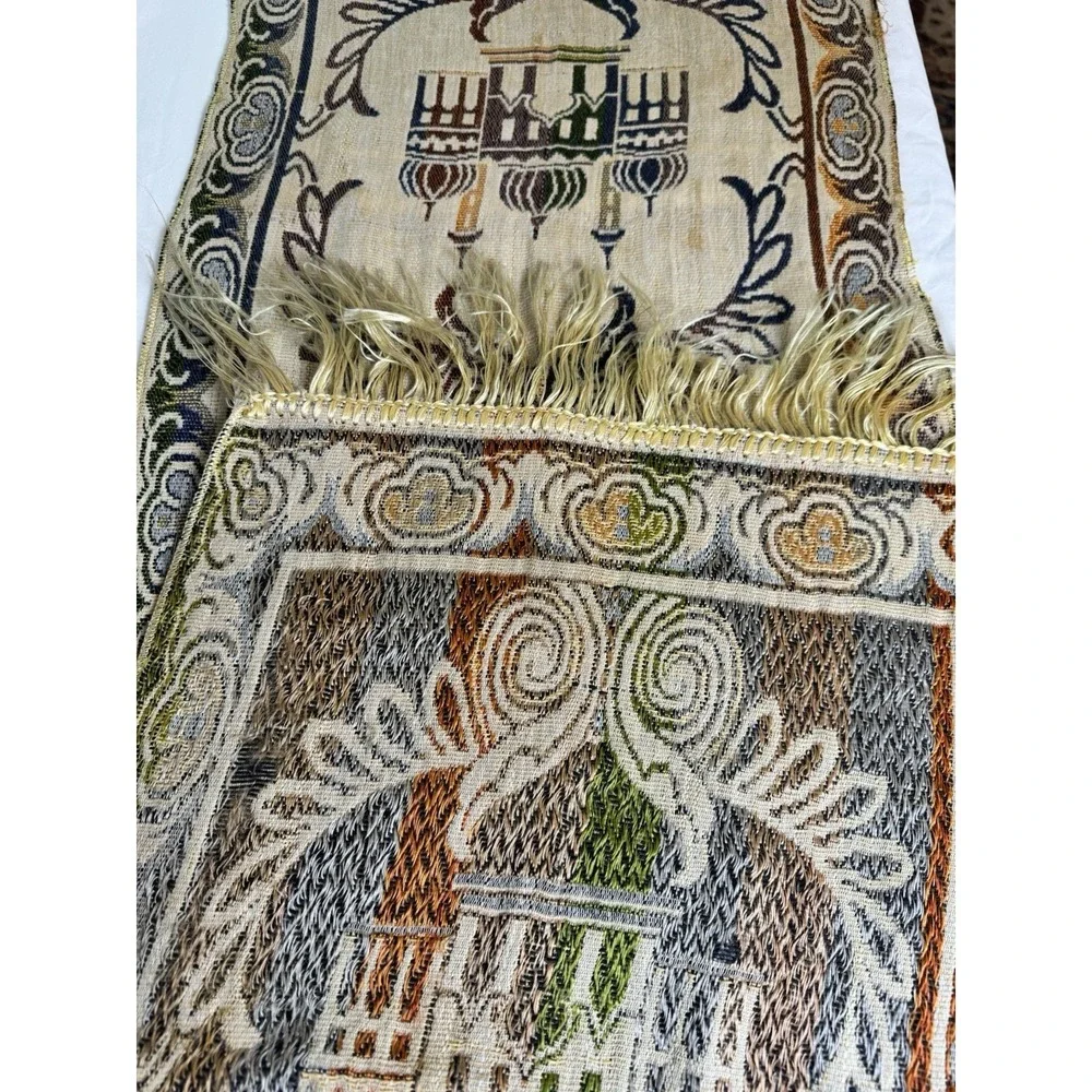 Vintage Woven Tapestry Table Runner Mosque Architecture Floral Fringed Cream